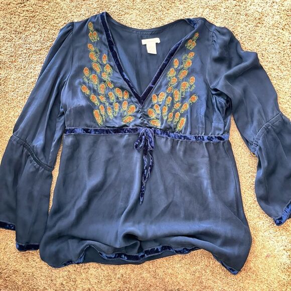 Women’s Sundance Embroidered 100% Silk Babydoll Blouse w/ Velvet Trim Peacock L - Picture 1 of 4